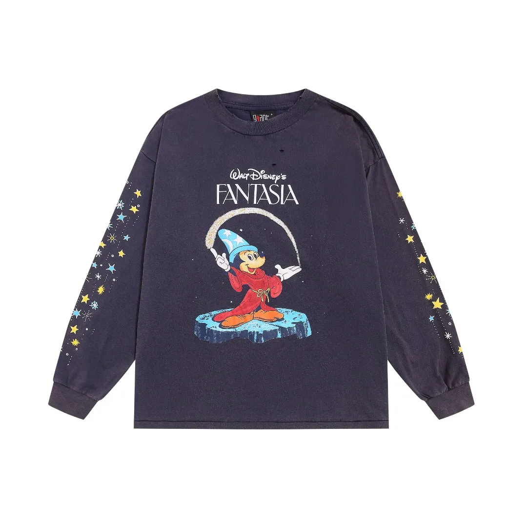 Saint Michael trendy brand fantasy magic FANTASIA cartoon print retro washed and distressed loose long-sleeved bottoming T-shirt Fabric: 260g Style number: SM05 Size: S-M-L-XL Color: blue Price: P156